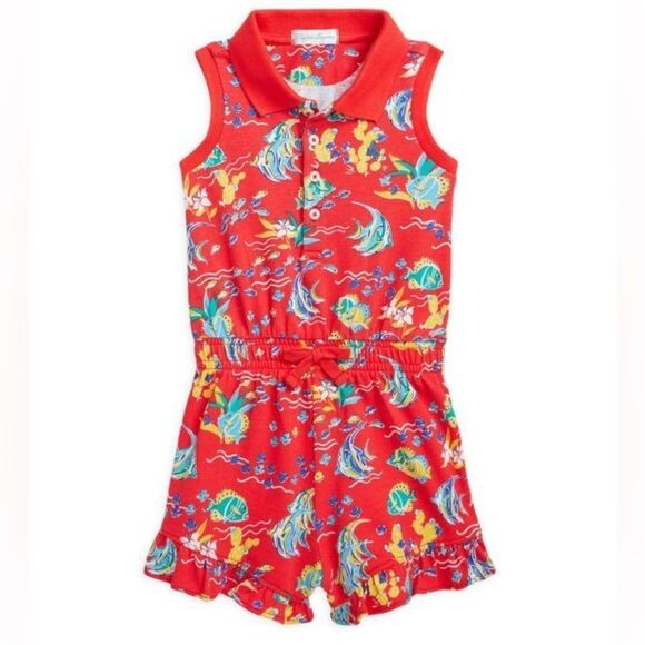 Polo Ralph Lauren Baby Girl's Coral Tropical Fish Print Ruffled Polo Shortall 3M - Picture 1 of 3